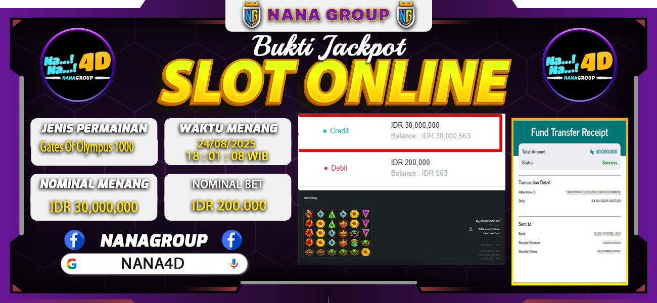 Bukti Kemenangan Besar Dibayar lunas Member NANA4D RP 30.000.000, 24 Oktober 2025